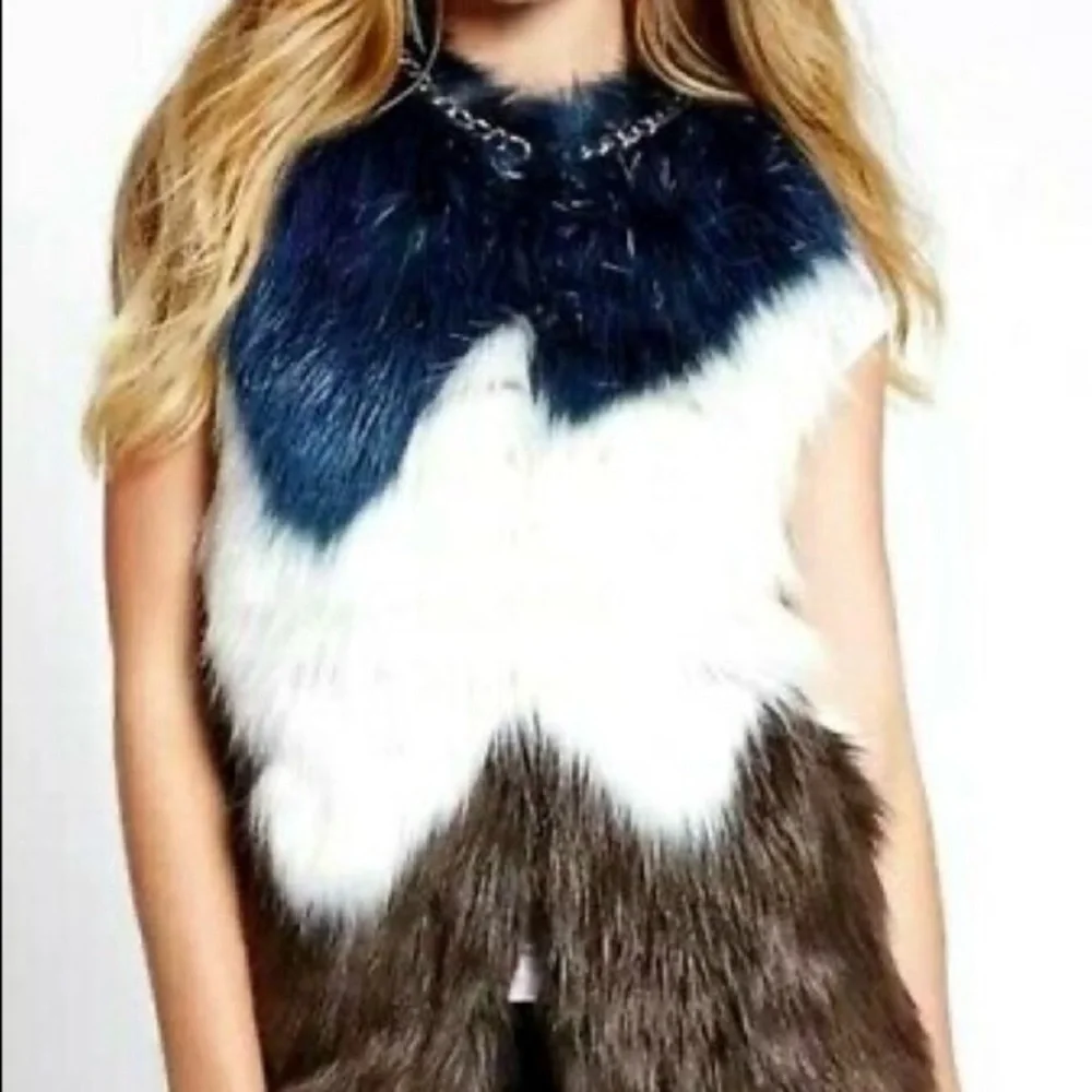 Guess Fur Vest Chain Detail Color Block Shaggy Chic Indie Sneeze‎ Boho Sz XSmall